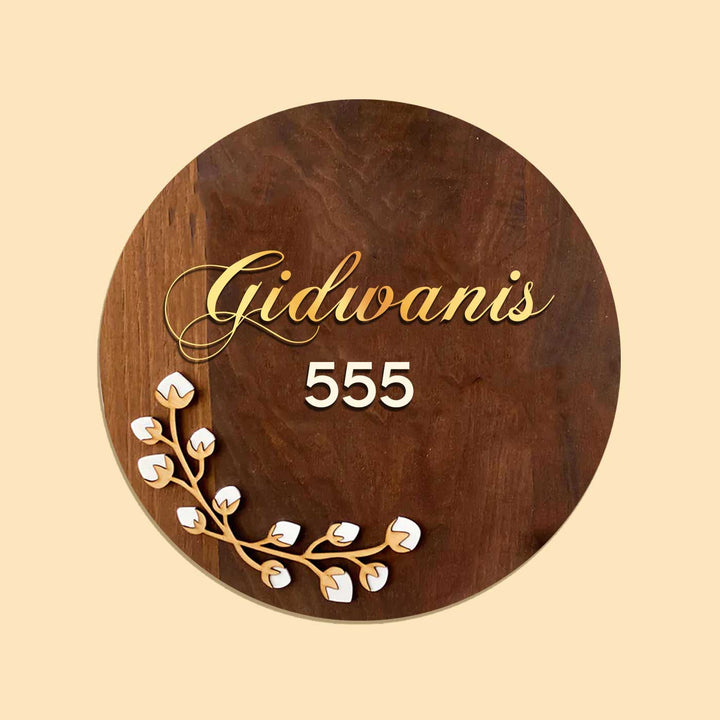 Personalised Wooden Round Floral Nameplate