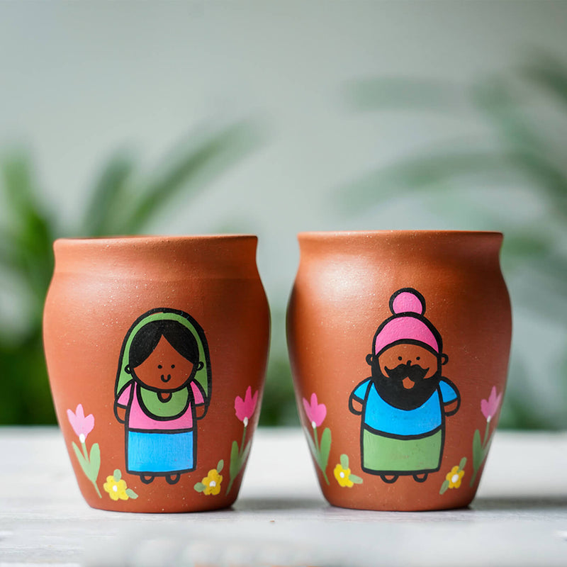 Handpainted Clay Kulhads with Regional Characters For Couples & Wedding Gifts