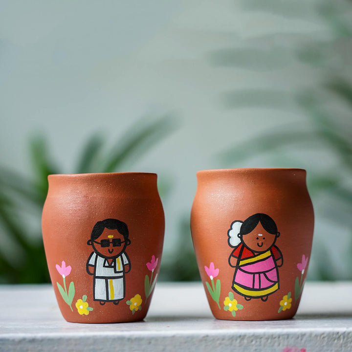 Handpainted Clay Kulhads with Regional Characters For Couples & Wedding Gifts