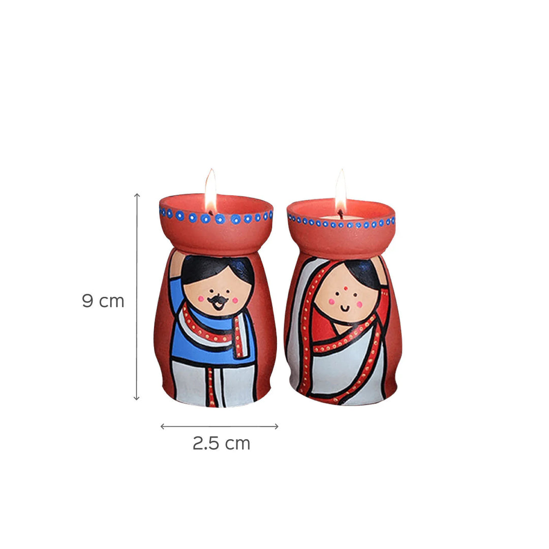 2 Pc | Bengali Couple Handpainted Terracotta Tealight Holders