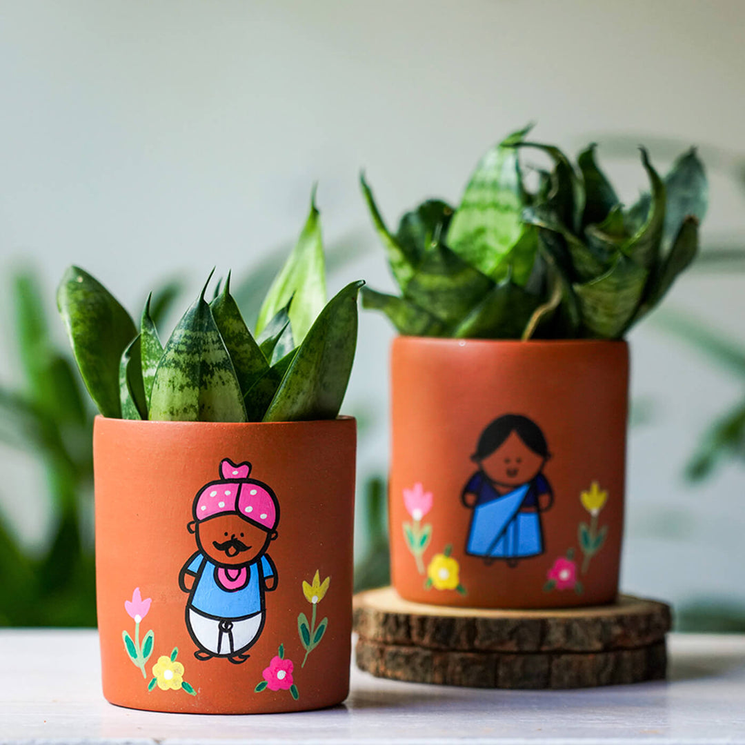 Handpainted Clay Planters with Regional Characters For Couples & Wedding Gifts