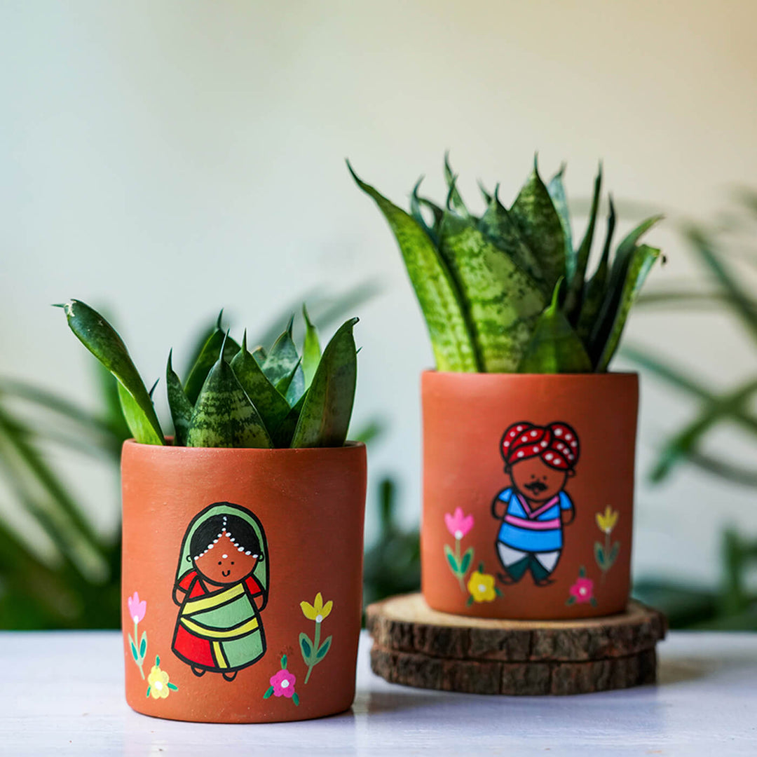 Handpainted Clay Planters with Regional Characters For Couples & Wedding Gifts