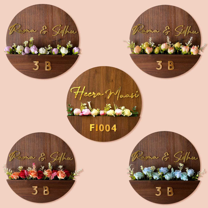 Kannada Personalised Wooden Flower Basket Nameplate