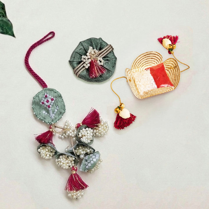 Handcrafted Pearl, Tassel & Thread Work Cheed Heavy Lumba Rakhi for Bhabhi - Mint Green
