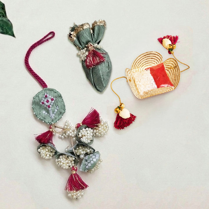 Handcrafted Pearl, Tassel & Thread Work Cheed Heavy Lumba Rakhi for Bhabhi - Mint Green