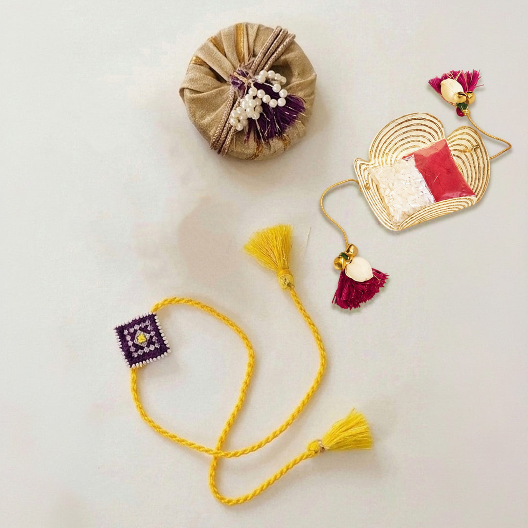 Handcrafted Silk Thread & Pearl Bead Work Cheed Rakhi - Violet