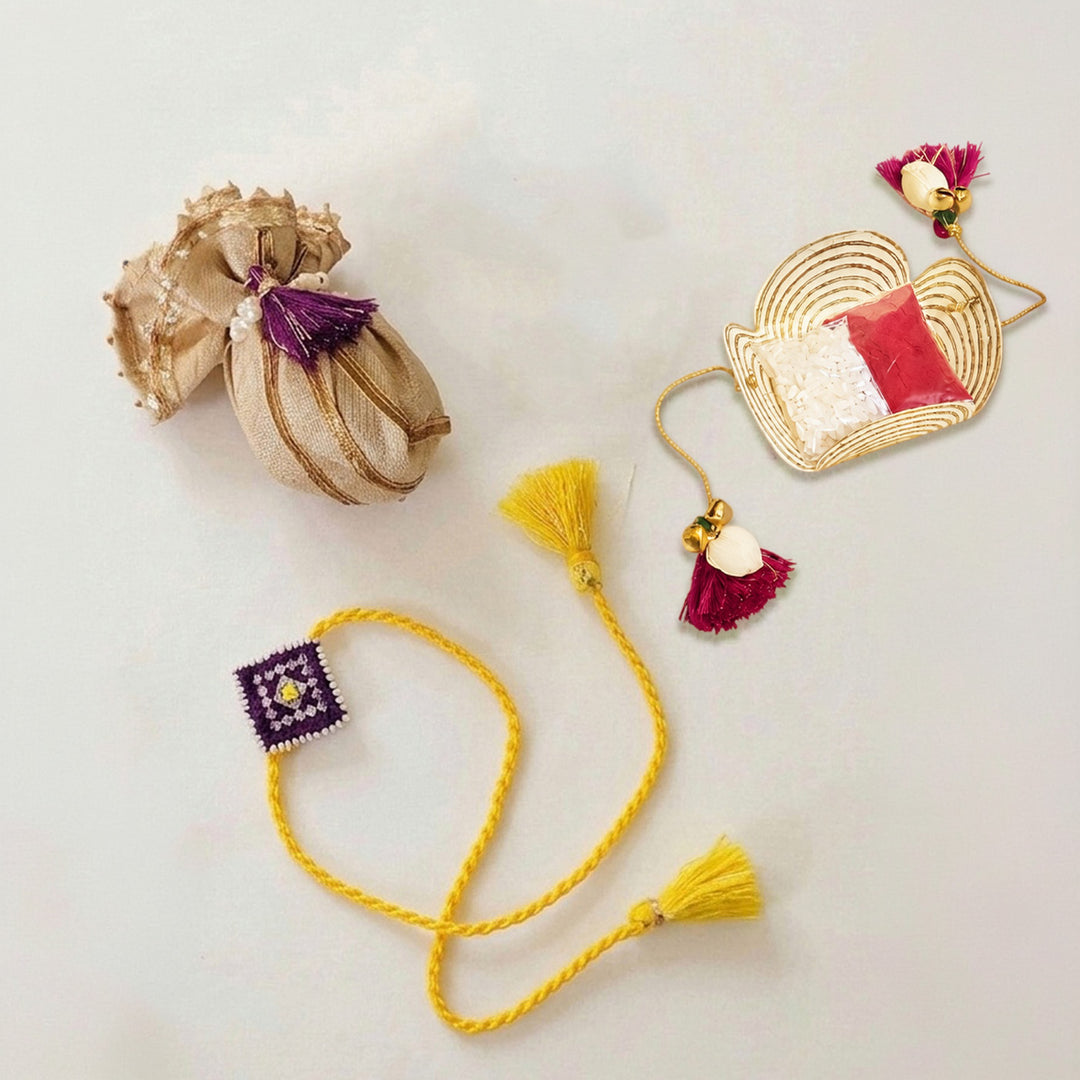 Handcrafted Silk Thread & Pearl Bead Work Cheed Rakhi - Violet