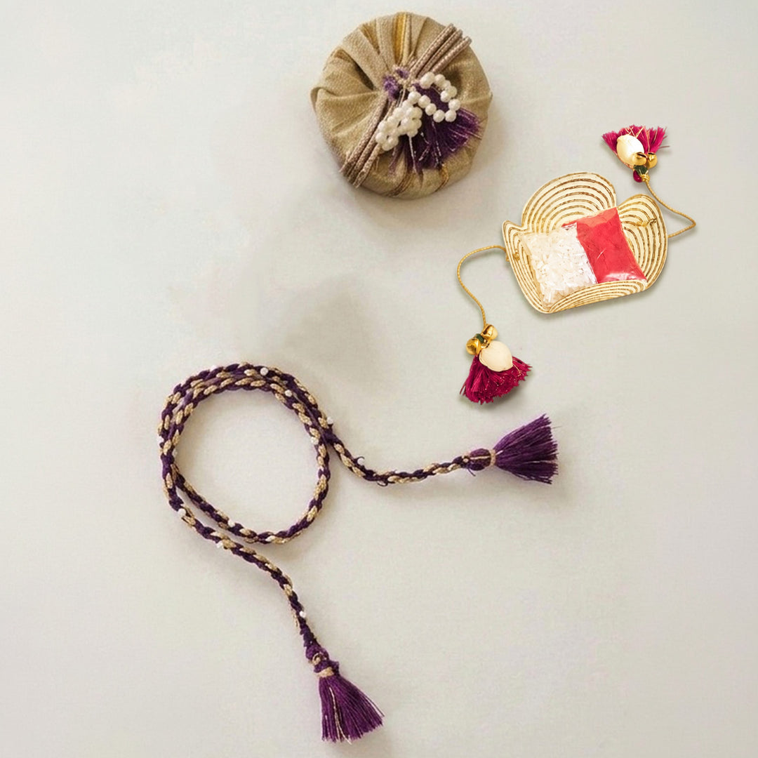 Handcrafted Cotton Dori & Pearl Bead Work Cheed Rakhi - Violet