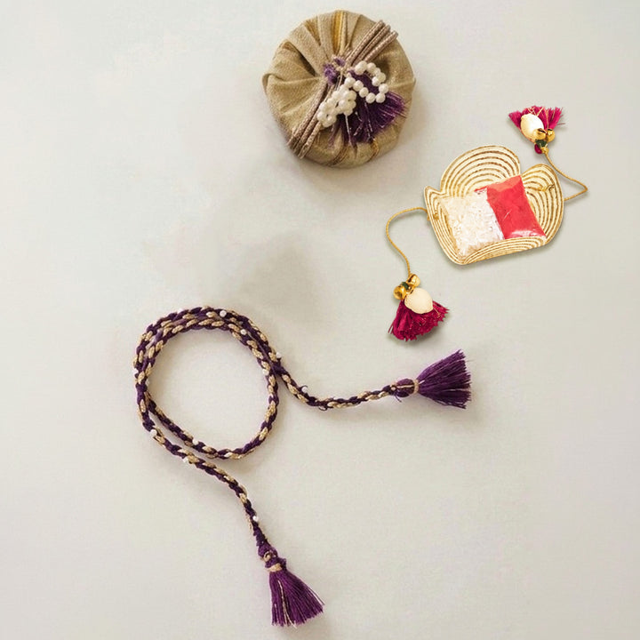 Handcrafted Cotton Dori & Pearl Bead Work Cheed Rakhi - Violet
