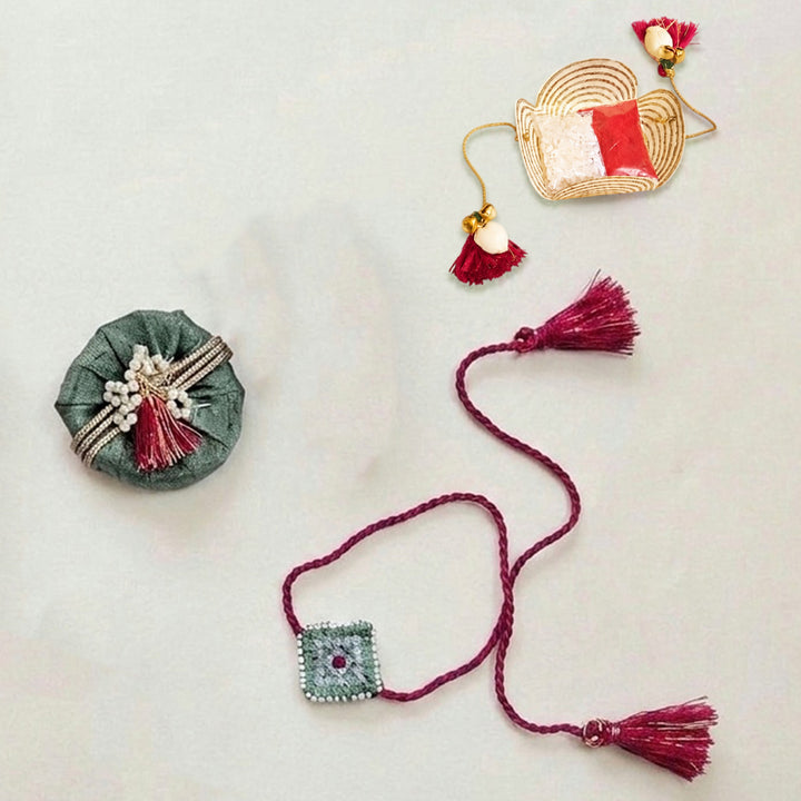 Handcrafted Silk Thread & Pearl Bead Work Cheed Rakhi - Mint Green