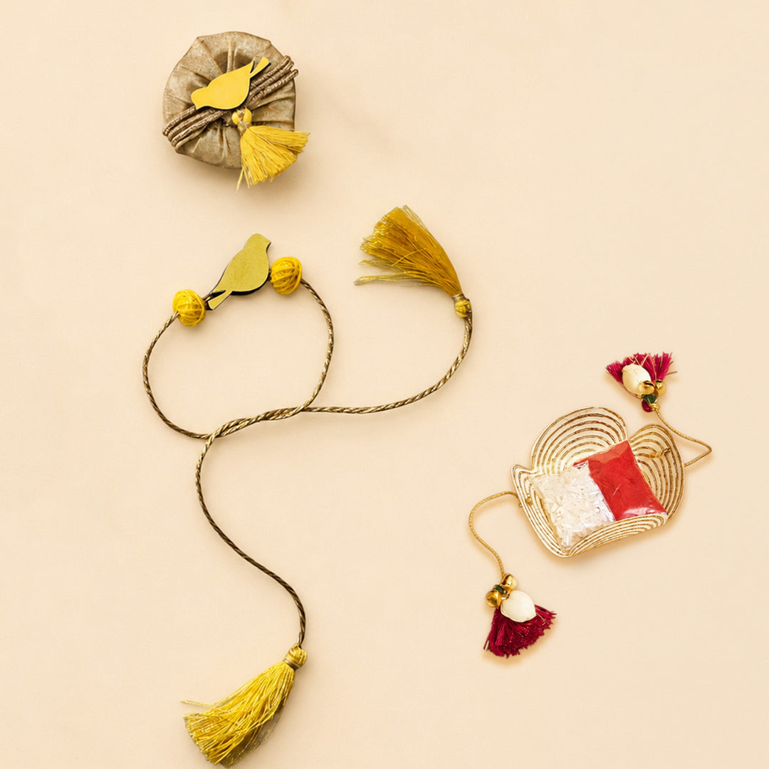 Handcrafted Bird Motif Beaded Tassel Rakhi - Yellow