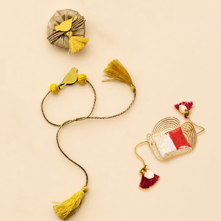 Handcrafted Bird Motif Beaded Tassel Rakhi - Yellow