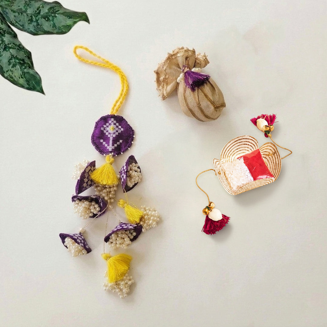 Handcrafted Pearl, Tassel & Thread Work Cheed Heavy Lumba Rakhi for Bhabhi - Violet