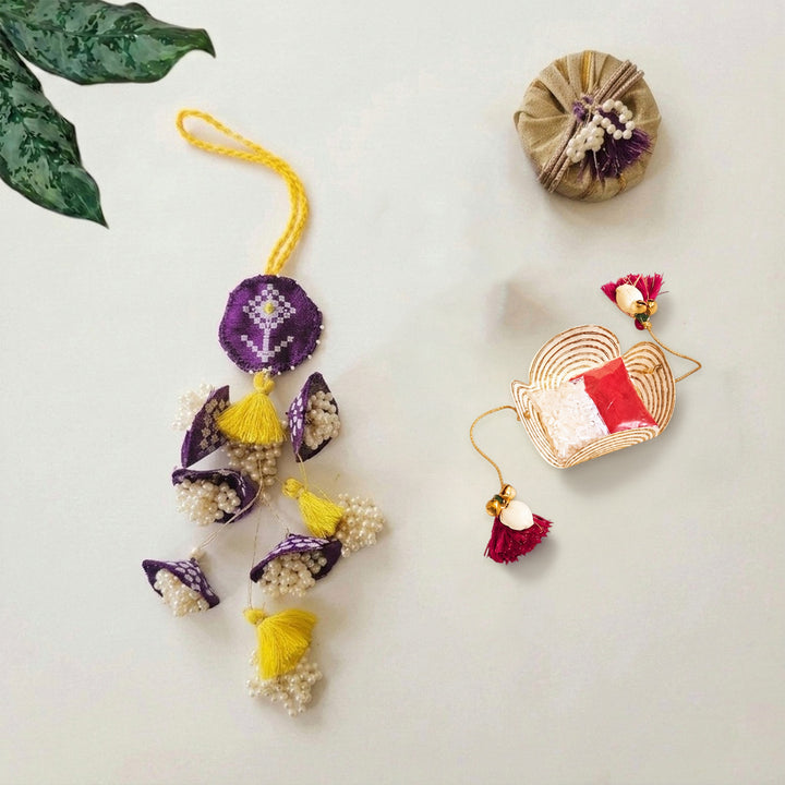 Handcrafted Pearl, Tassel & Thread Work Cheed Heavy Lumba Rakhi for Bhabhi - Violet