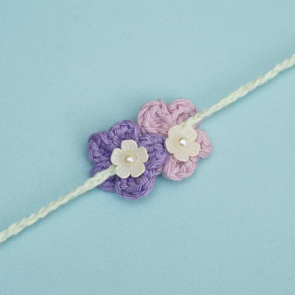 Handmade Crochet Forever Flowers Kids Rakhi With Roli Chawal - Close-up of Crochet Flowers (4)