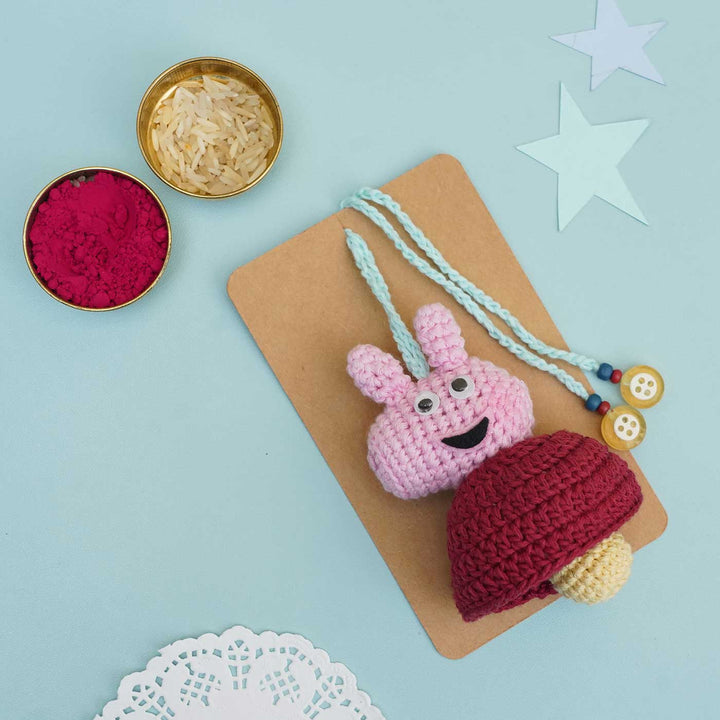 Handmade Crochet Peppa Pig Kids Rakhi With Roli Chawal - With Matching Crocheted Charm