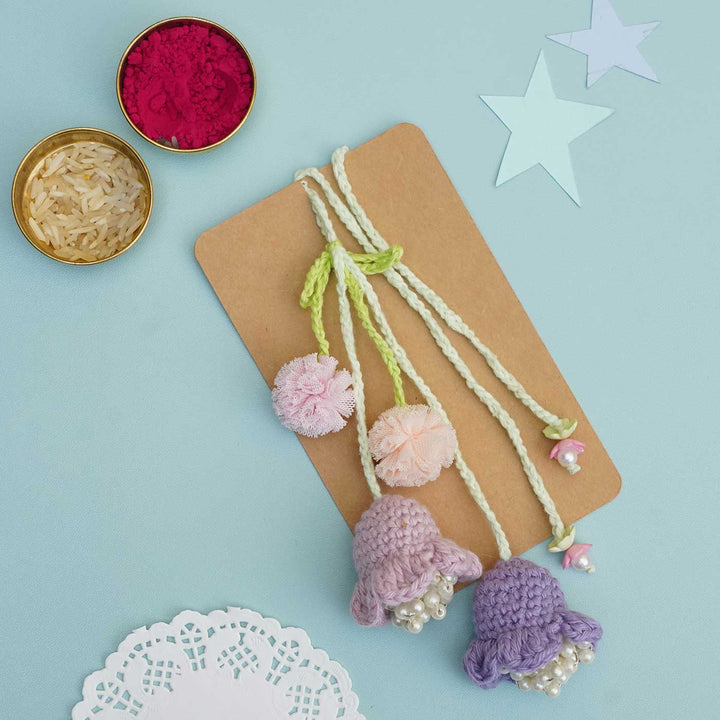 Handmade Crochet Forever Flowers Kids Rakhi With Roli Chawal