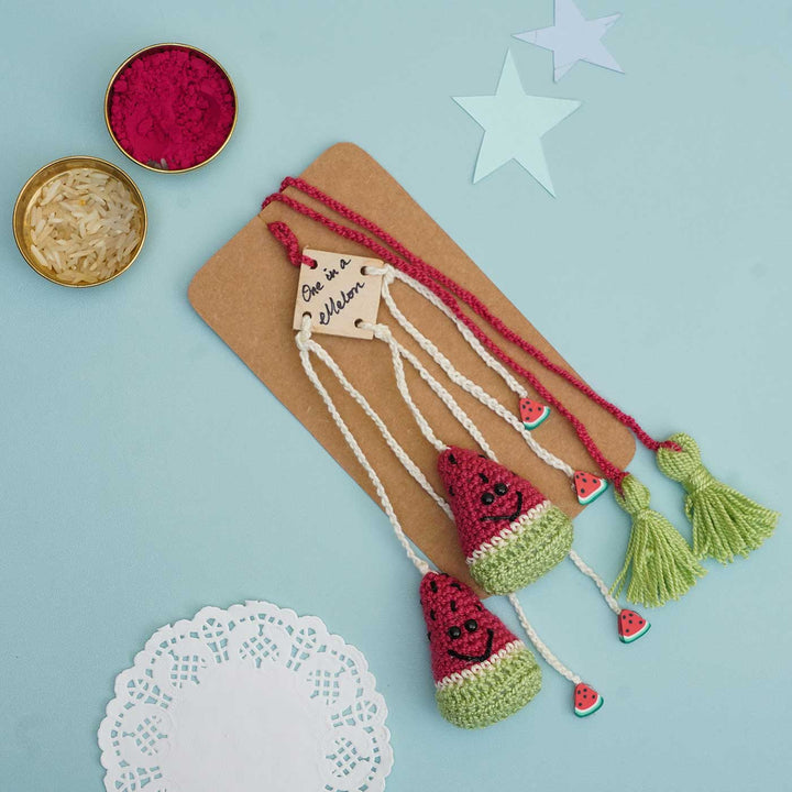 Handmade Crochet One in a Melon Kids Rakhi With Roli Chawal