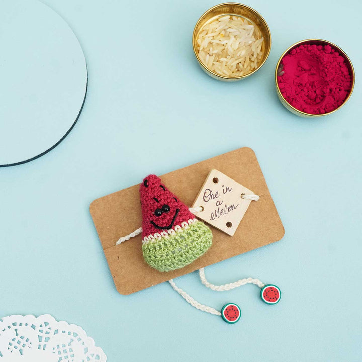 Handmade Crochet One in a Melon Kids Rakhi With Roli Chawal