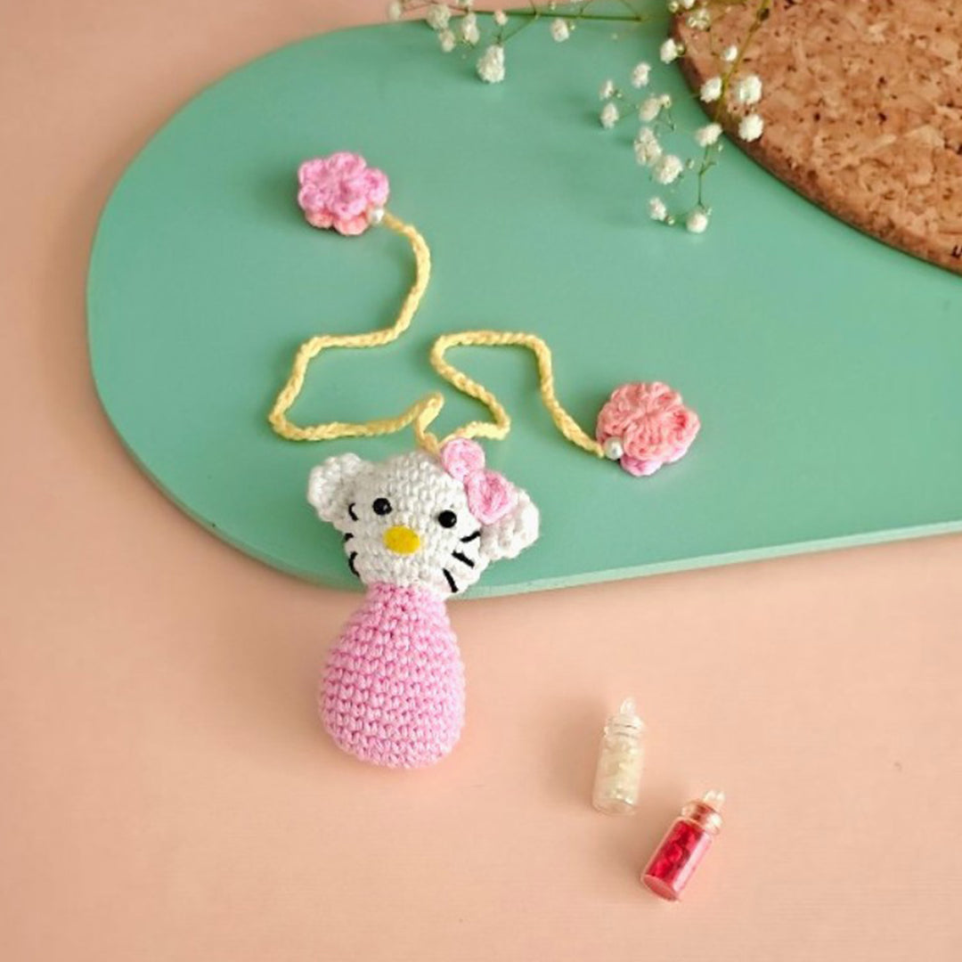 Handmade Crochet Hello Kitty Rakhi For Girls With Roli Chawal