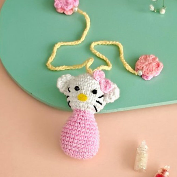 Handmade Crochet Hello Kitty Rakhi For Girls With Roli Chawal
