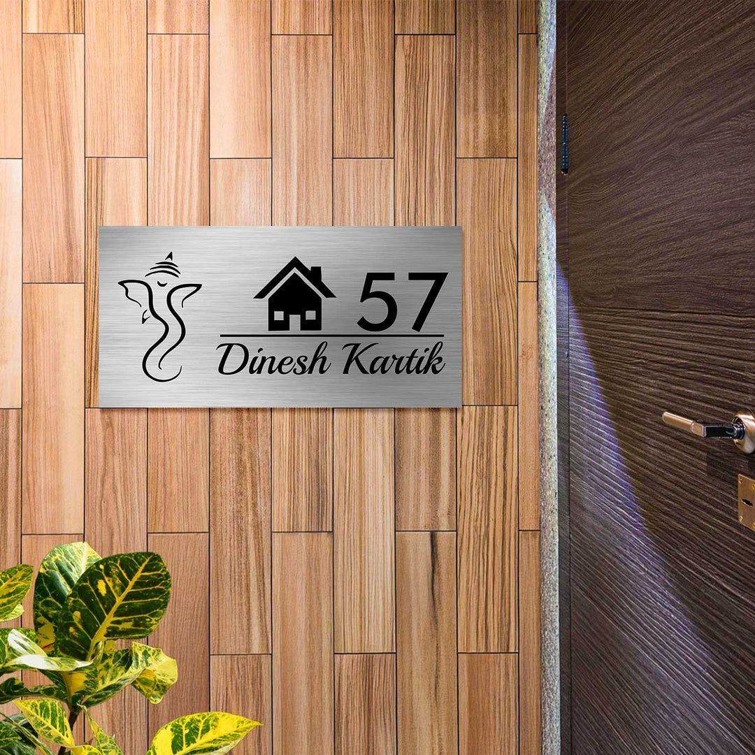 Personalized Ganesha & House Design Stainless Steel Name Plate