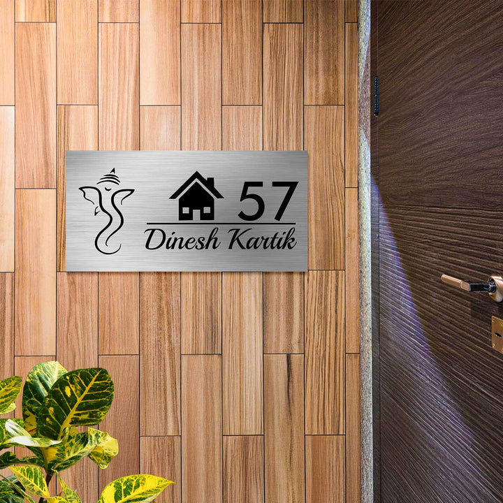 Personalized Ganesha & House Design Stainless Steel Name Plate