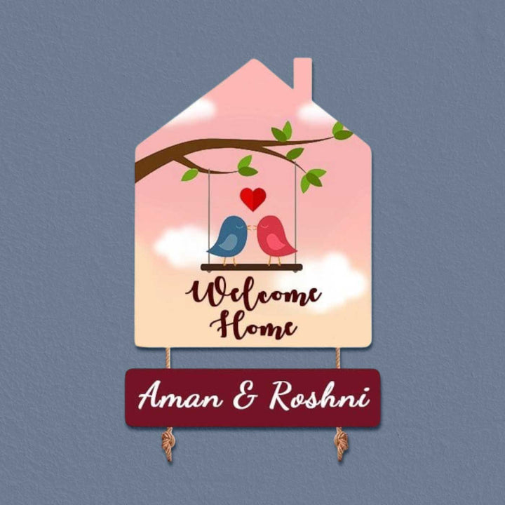 Personalized House Shaped Birds Theme Mdf Wood Name Plate