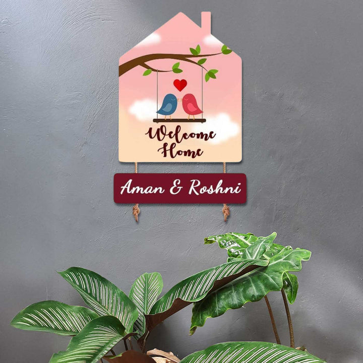 Personalized House Shaped Birds Theme Mdf Wood Name Plate
