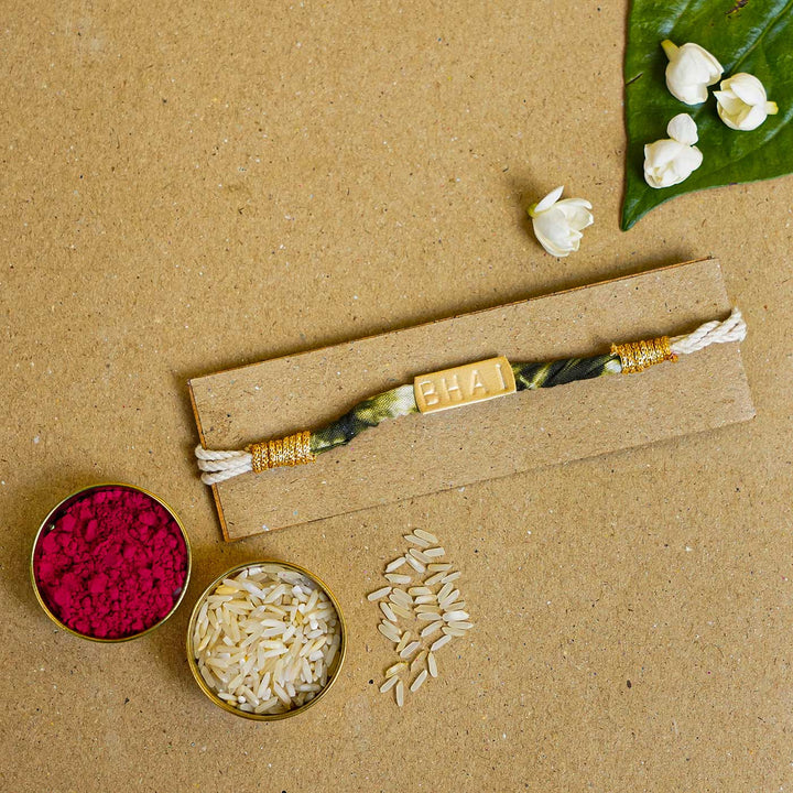 Handmade Tie & Dye Green Fabric Bhai Rakhi With Roli Chawal
