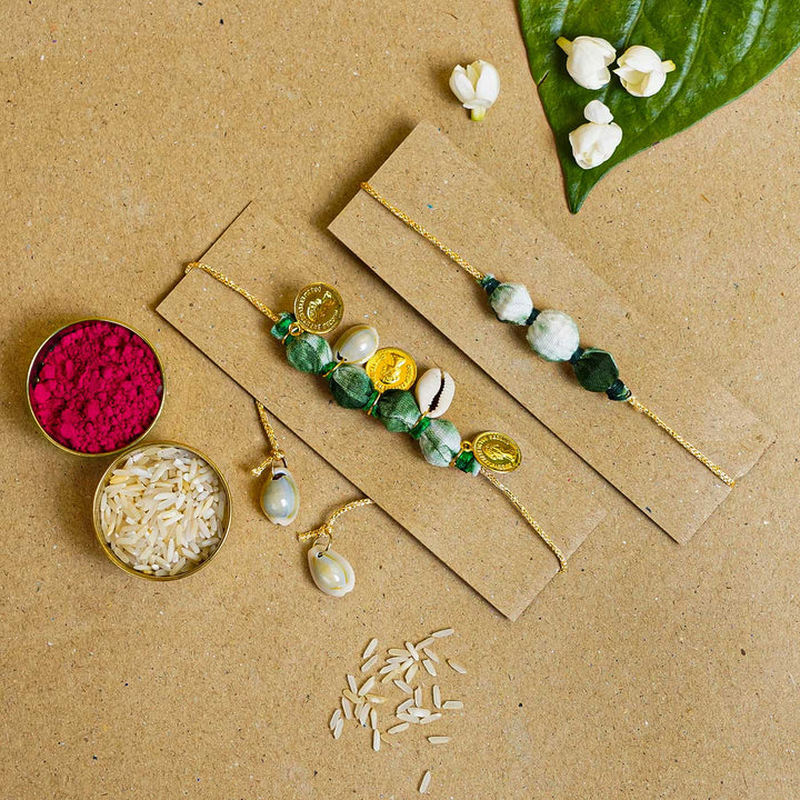 Handmade Tie & Dye Green Fabric Bhaiya Bhabhi Rakhi With Roli Chawal | Set of 2