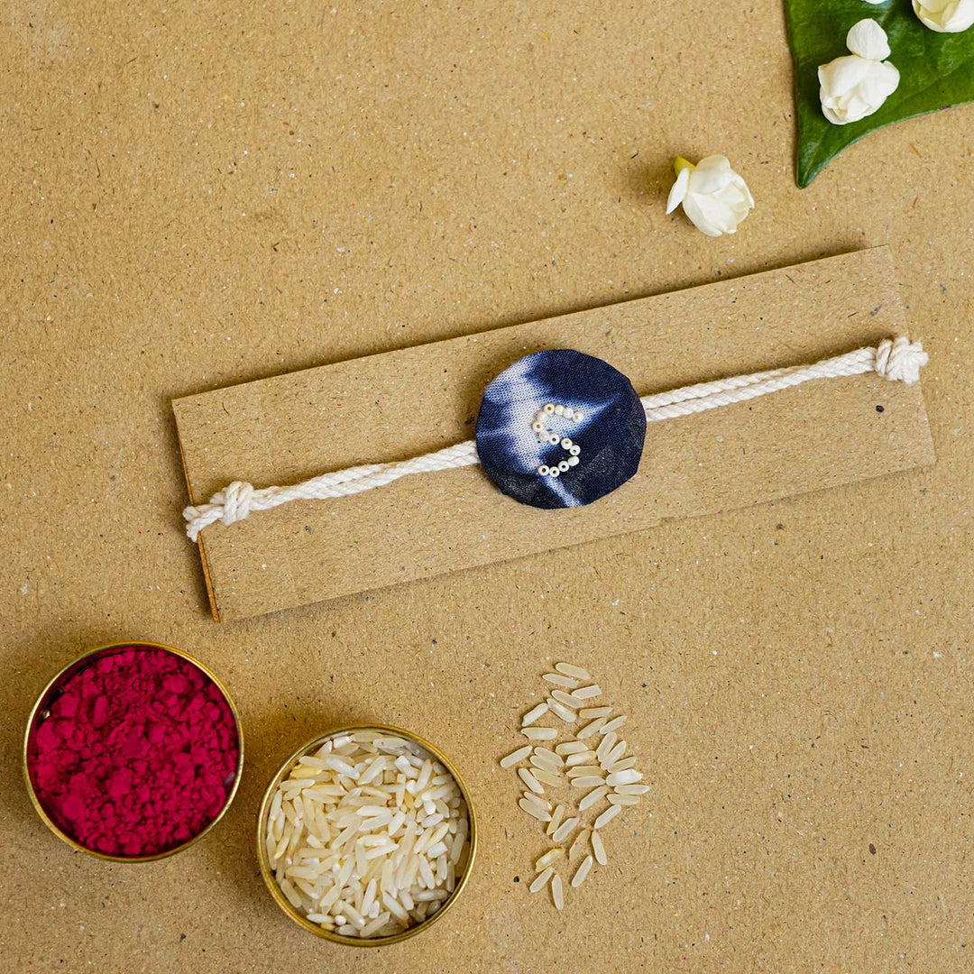 Personalized Handmade Tie & Dye Blue Fabric Rakhi With Roli Chawal