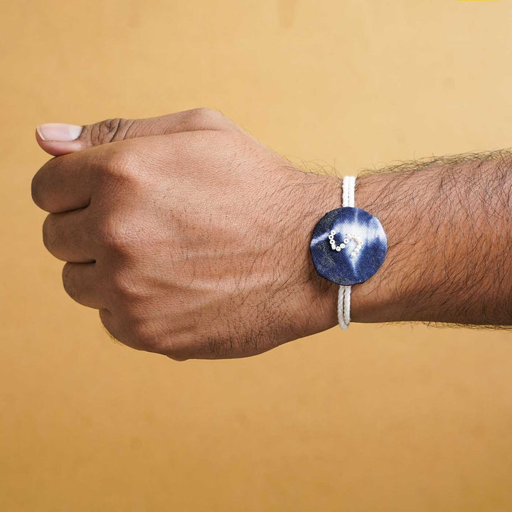 Personalized Handmade Tie & Dye Blue Fabric Rakhi With Roli Chawal
