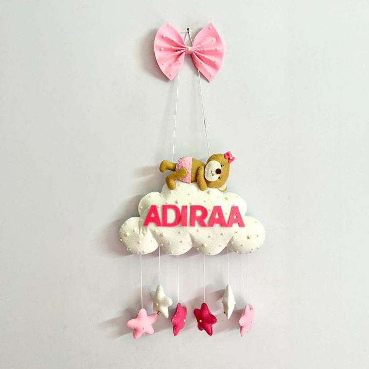 Personalized Handmade Teddy On Cloud Theme Felt Kids Name Plate
