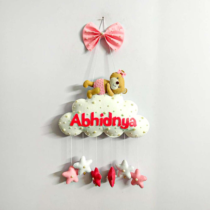 Personalized Handmade Teddy On Cloud Theme Felt Kids Name Plate