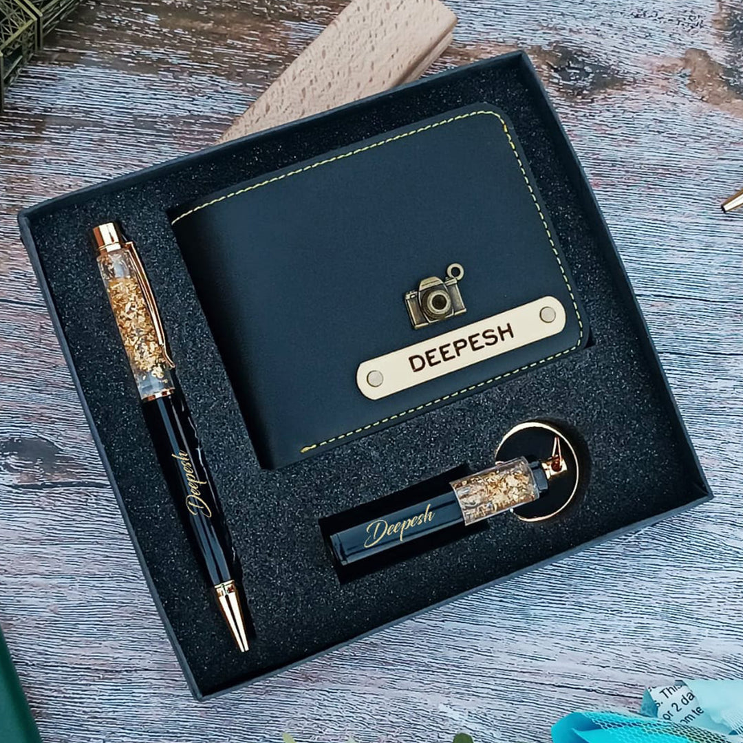 3 Pc | Personalized Faux Leather Gift Set For Men | Includes 1 Wallet, 1 Pen, 1 Keychain