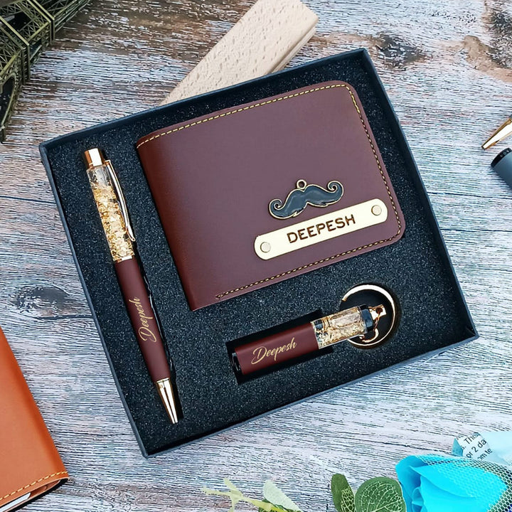 3 Pc | Personalized Faux Leather Gift Set For Men | Includes 1 Wallet, 1 Pen, 1 Keychain