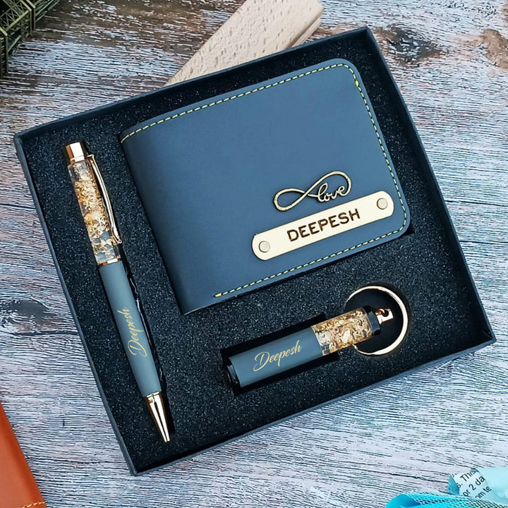 3 Pc | Personalized Faux Leather Gift Set For Men | Includes 1 Wallet, 1 Pen, 1 Keychain