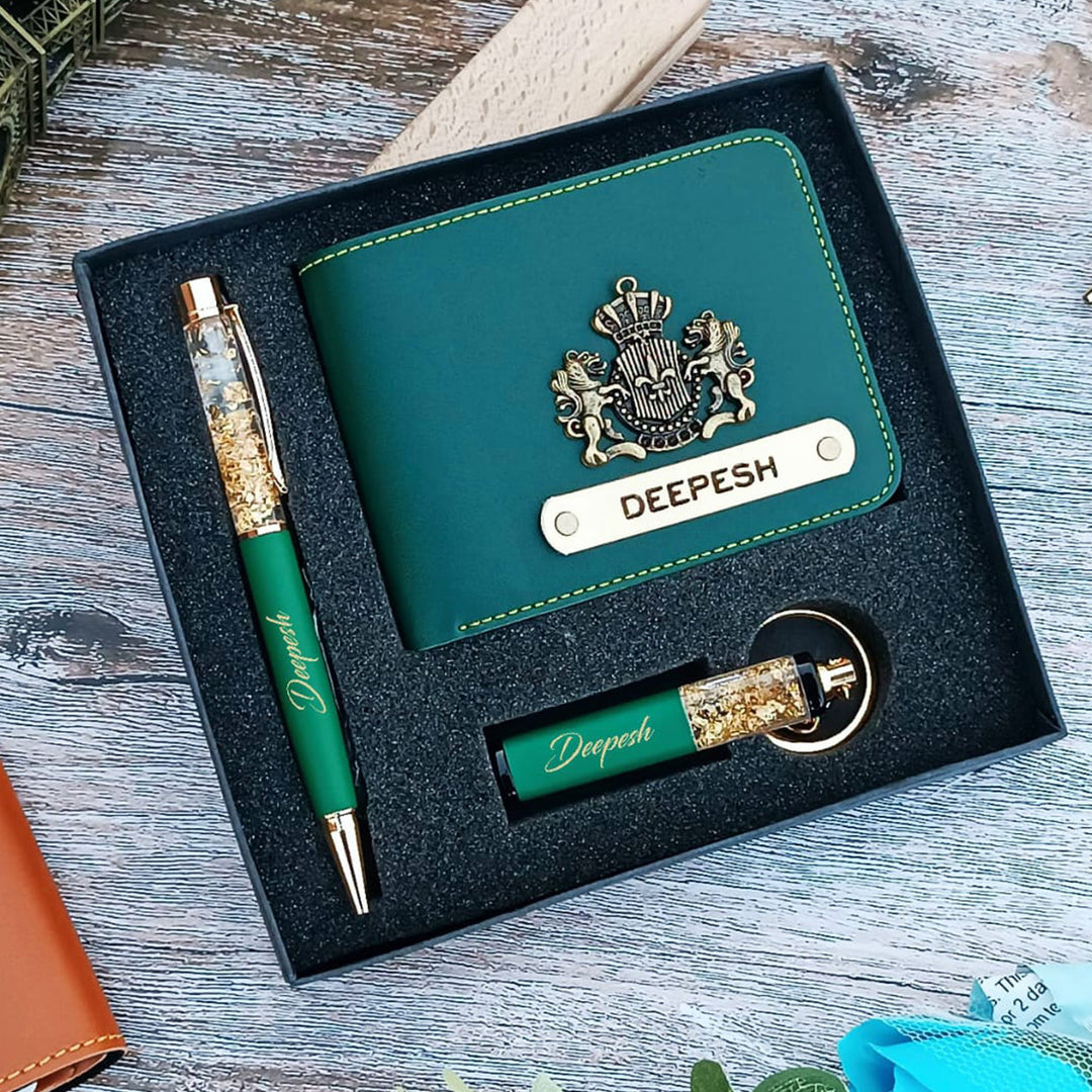 3 Pc | Personalized Faux Leather Gift Set For Men | Includes 1 Wallet, 1 Pen, 1 Keychain