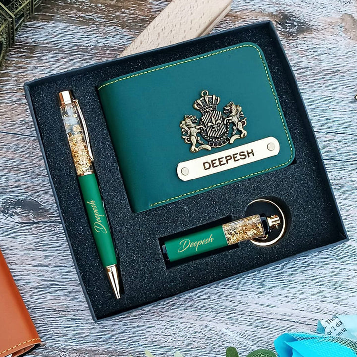 3 Pc | Personalized Faux Leather Gift Set For Men | Includes 1 Wallet, 1 Pen, 1 Keychain