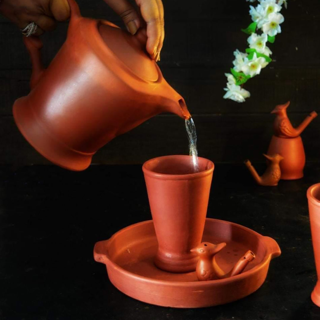Handmade Regular Terracotta Jug With Glasses & Tray | Set Of 4