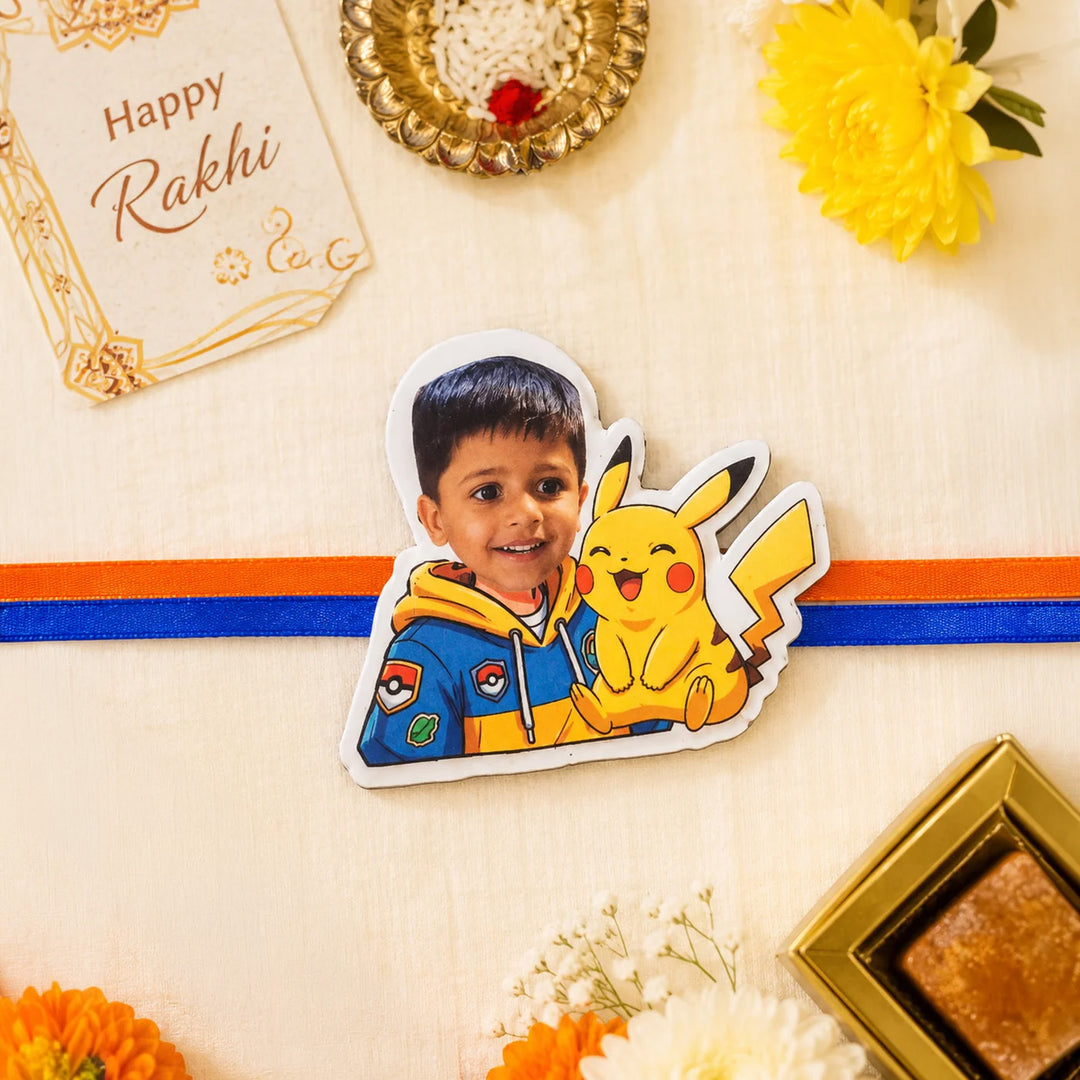 Reusable Personalized Pokemon Photo Caricature Magnetic Rakhi With Roli Chawal For Brother