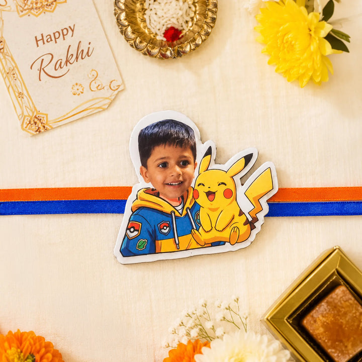 Reusable Personalized Pokemon Photo Caricature Magnetic Rakhi With Roli Chawal For Brother