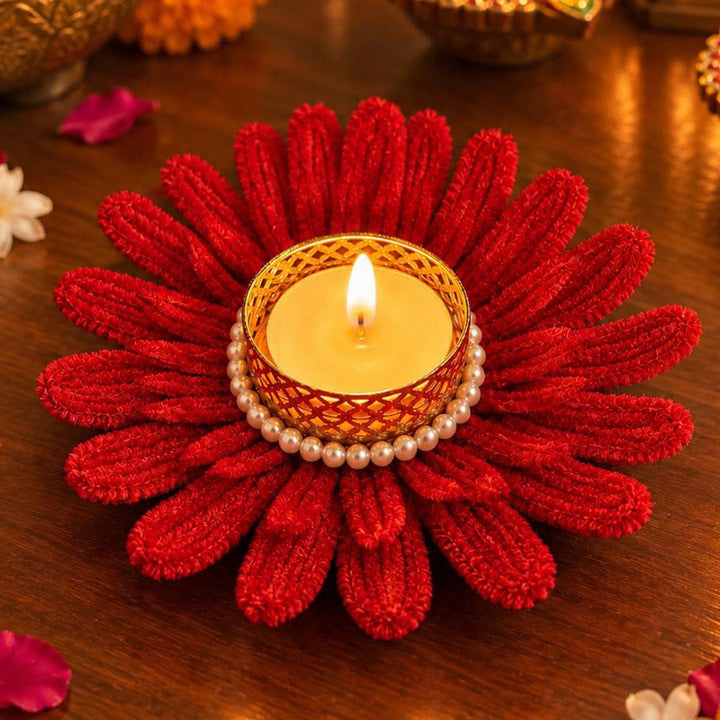 2 Pc | Handmade Daisy Pipe Cleaner & Pearl Flower Tealight Holders