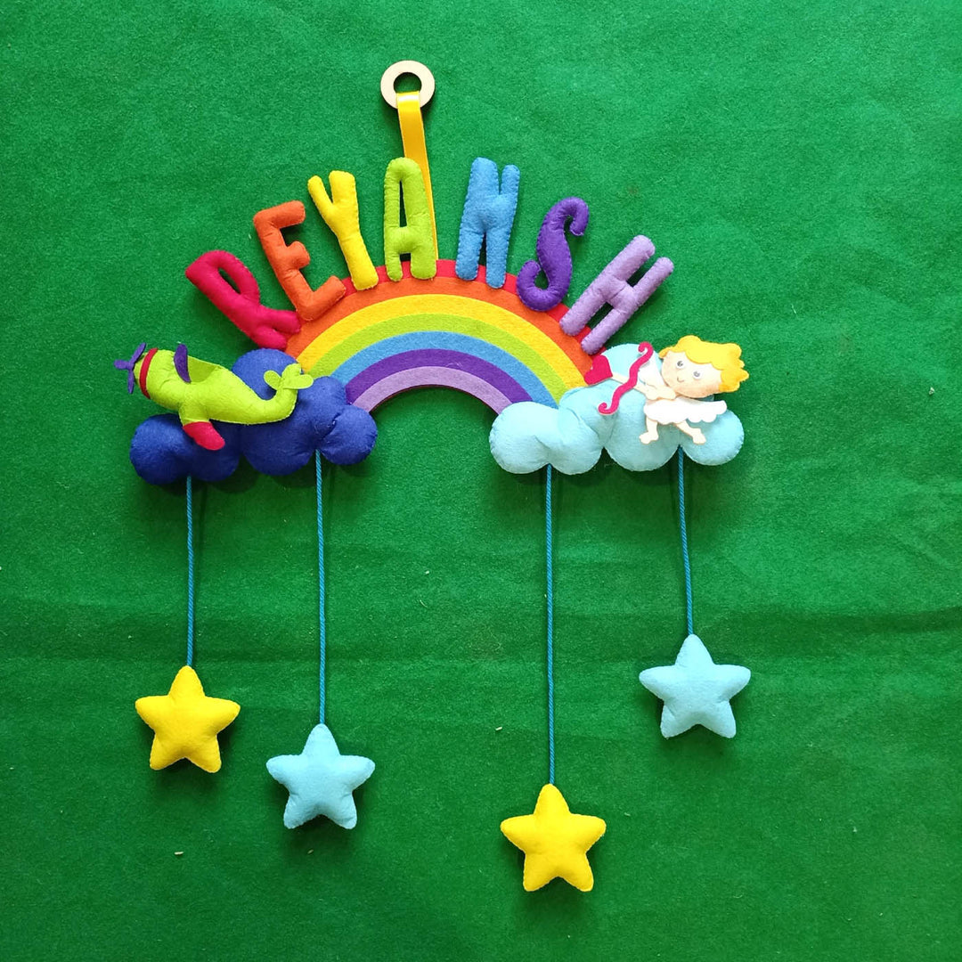 Handcrafted Personalized Rainbow Felt Name Plate for Kids with Date of Birth