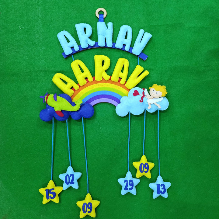 Handcrafted Personalized Rainbow Felt Name Plate With Date Of Birth - Personalized Name Mobile Hanging Front View