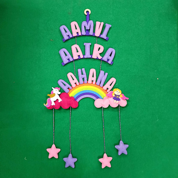 Handcrafted Personalized Rainbow Felt Name Plate With Date Of Birth - Hanging Name Personalization Example