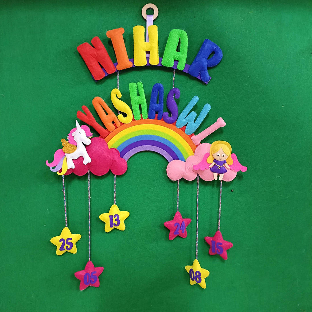 Handcrafted Personalized Rainbow Felt Name Plate for Kids with Date of Birth