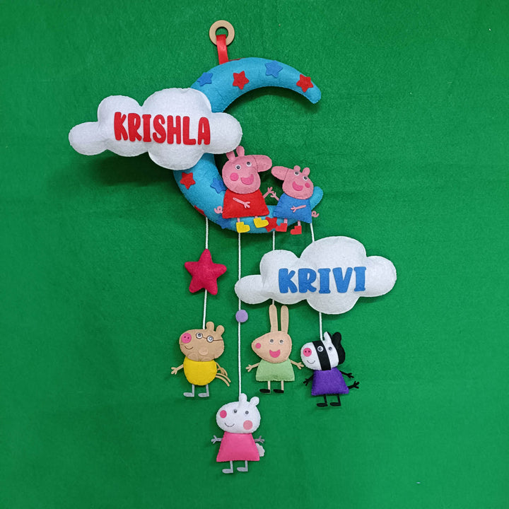 Handcrafted Personalized Peppa Themed Moon Felt Name Plate for Siblings