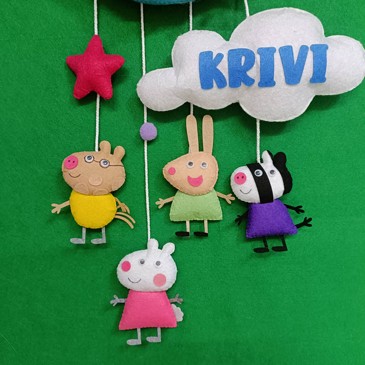 Handcrafted Personalized Peppa Themed Moon Felt Name Plate for Siblings